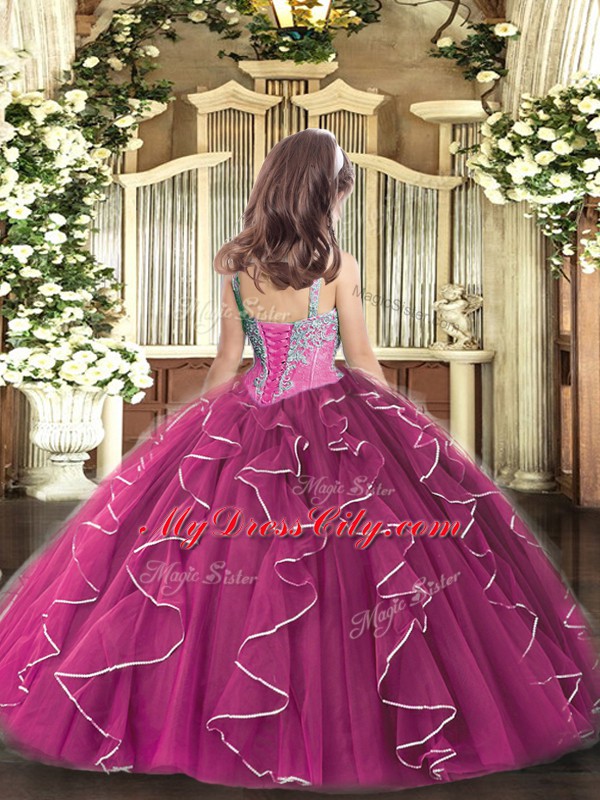Purple Lace Up Straps Beading and Ruffles Kids Formal Wear Tulle Sleeveless