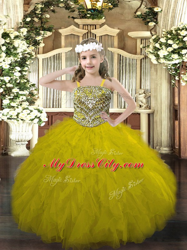 Floor Length Olive Green Little Girl Pageant Gowns Straps Sleeveless Lace Up