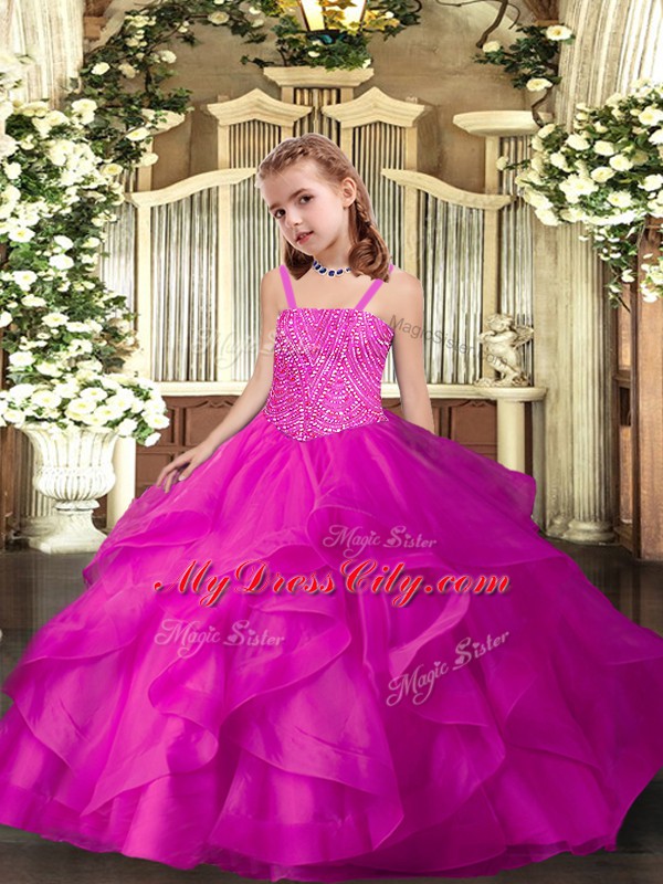 Fuchsia Ball Gowns Organza Straps Sleeveless Ruffles Floor Length Lace Up Girls Pageant Dresses