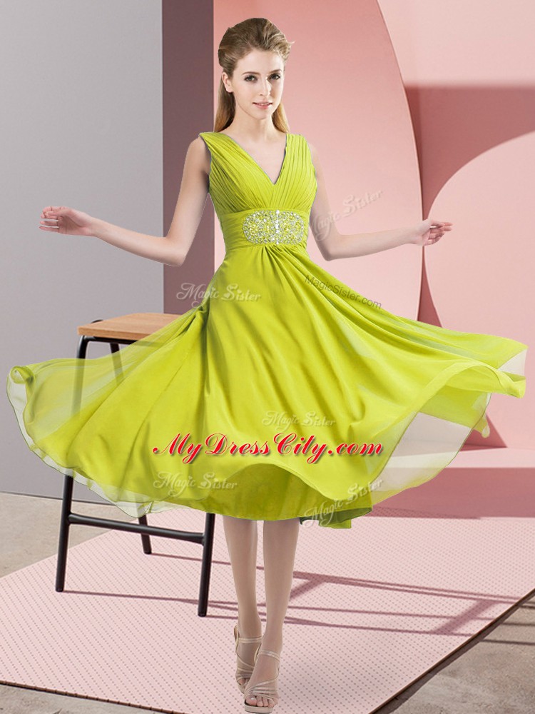 Yellow Green Empire V-neck Sleeveless Chiffon Knee Length Side Zipper Beading Quinceanera Court Dresses