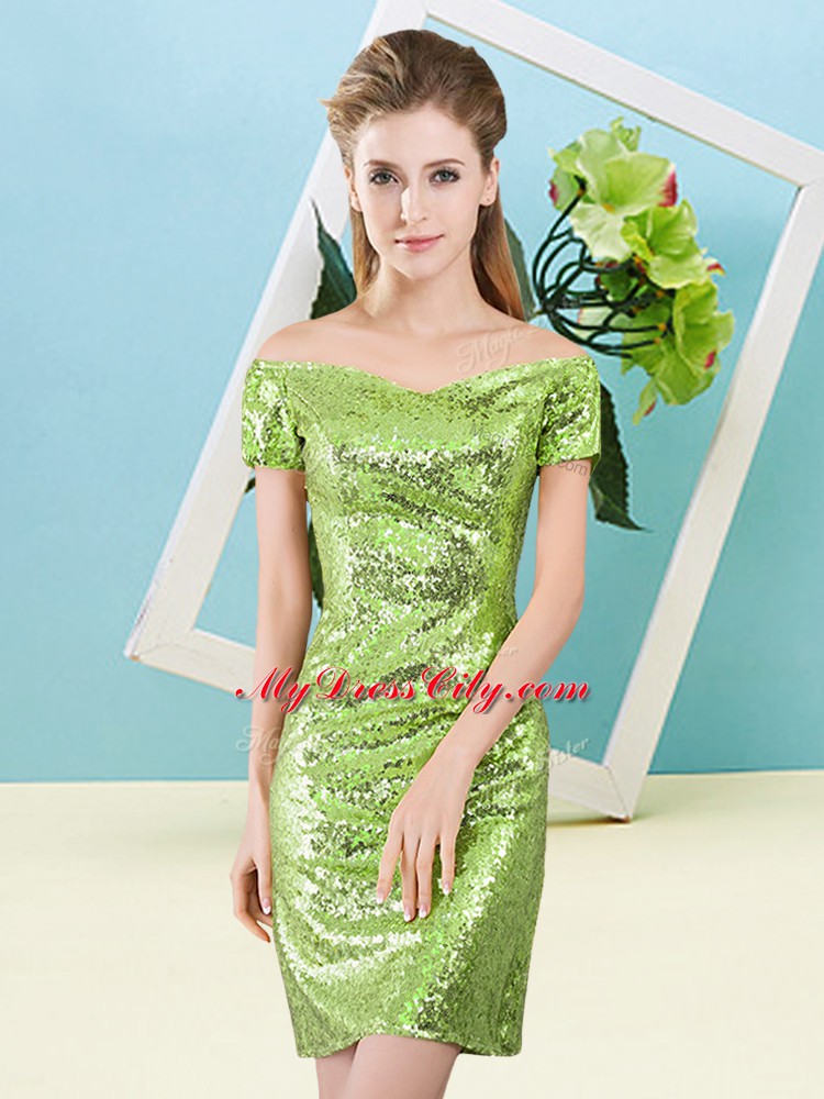 Best Selling Yellow Green Short Sleeves Sequined Zipper Dress for Prom for Prom and Party