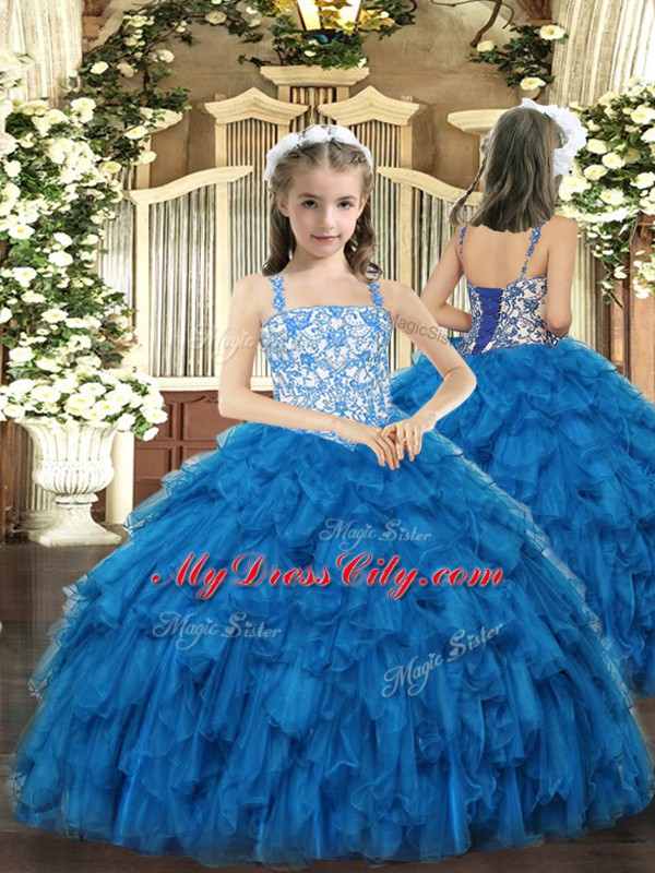 Teal Ball Gowns Straps Sleeveless Organza Floor Length Lace Up Beading and Ruffles Ball Gown Prom Dress