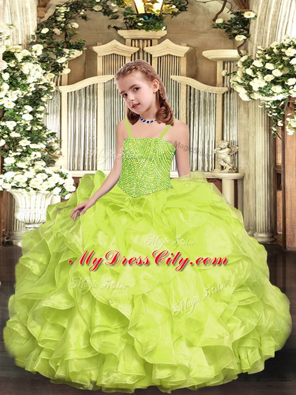 Yellow Green Ball Gowns Straps Sleeveless Organza Floor Length Lace Up Beading and Ruffles Girls Pageant Dresses