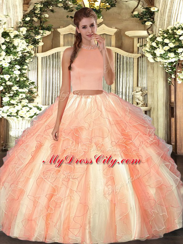 Modest Halter Top Sleeveless Quince Ball Gowns Floor Length Beading and Ruffles Orange Red Organza
