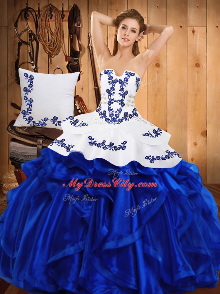Strapless Sleeveless 15th Birthday Dress Floor Length Embroidery and Ruffles Blue Satin and Organza