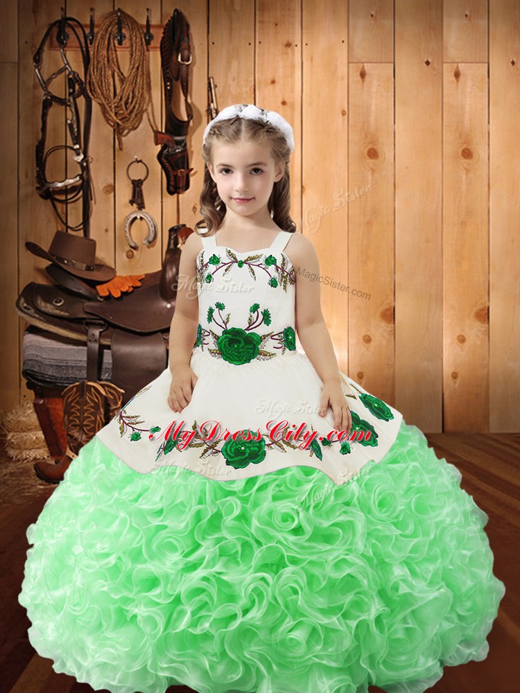 Discount Green Ball Gowns Straps Sleeveless Fabric With Rolling Flowers Floor Length Lace Up Embroidery and Ruffles Little Girl Pageant Gowns