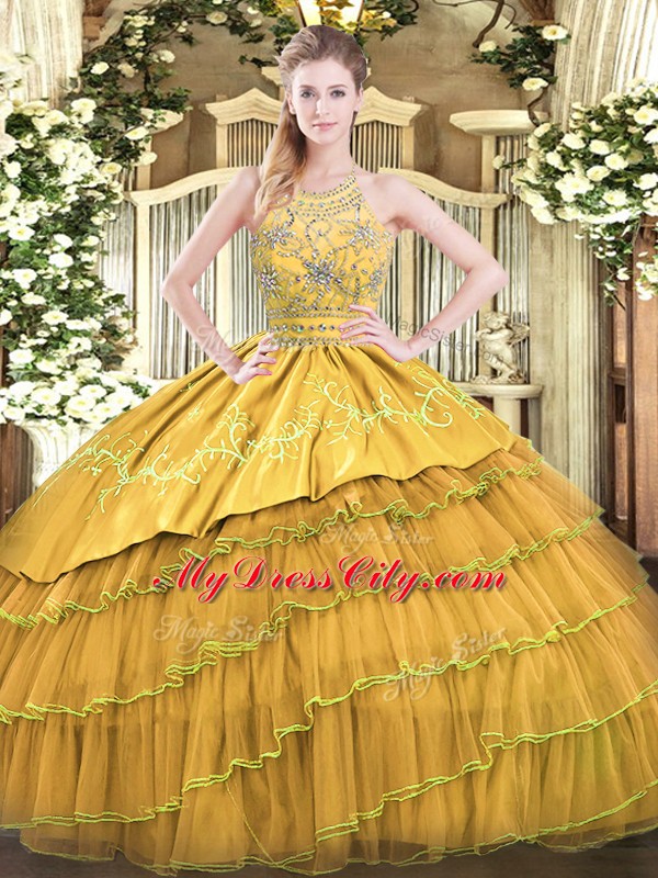 Gold Satin and Organza Zipper Halter Top Sleeveless Floor Length 15 Quinceanera Dress Beading and Embroidery and Ruffled Layers