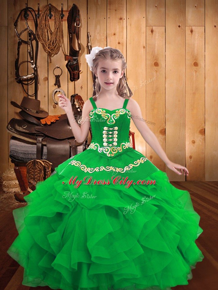 Great Sleeveless Organza Floor Length Lace Up Child Pageant Dress in Green with Embroidery and Ruffles