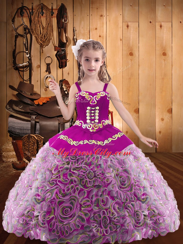 Modern Floor Length Lace Up Little Girl Pageant Gowns Multi-color for Sweet 16 and Quinceanera with Embroidery and Ruffles