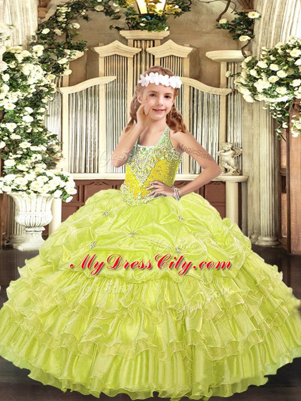 Yellow Green Organza Lace Up V-neck Sleeveless Floor Length Little Girls Pageant Gowns Beading and Ruffled Layers and Pick Ups