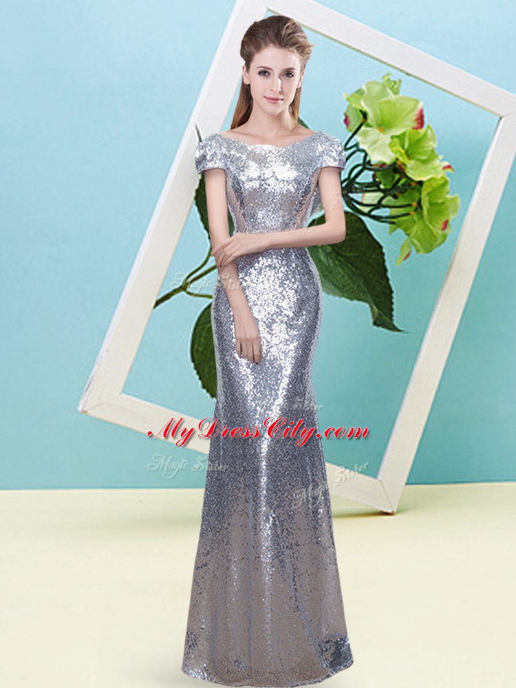 Sequined Scoop Cap Sleeves Zipper Sequins Prom Evening Gown in Silver