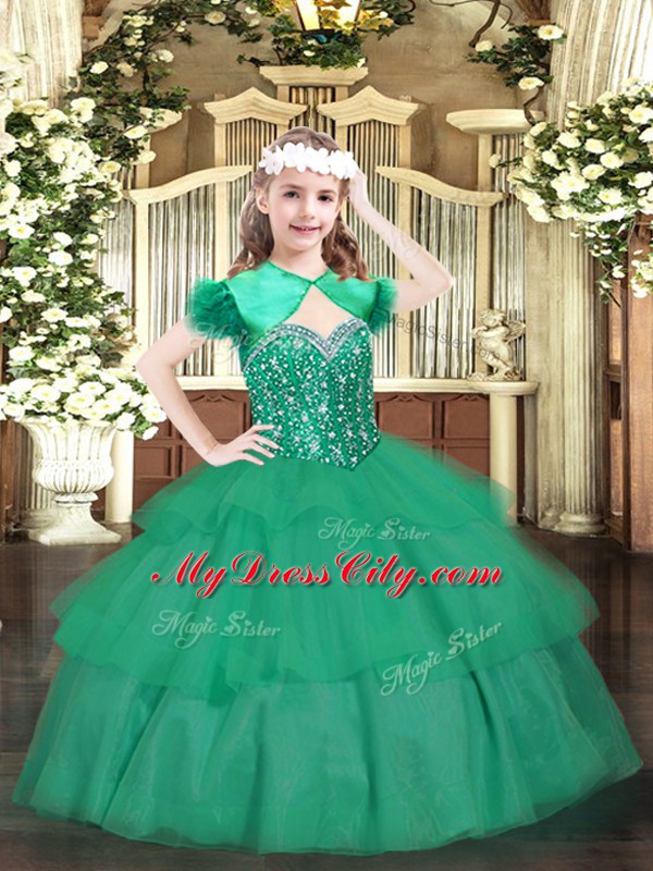 Classical Turquoise Lace Up Little Girls Pageant Dress Wholesale Beading and Ruffled Layers Sleeveless Floor Length