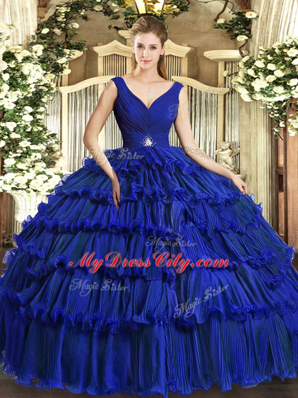 V-neck Sleeveless Backless Sweet 16 Dress Royal Blue Organza