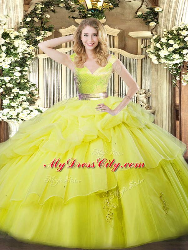 Yellow Green Sleeveless Ruffled Layers Floor Length 15th Birthday Dress