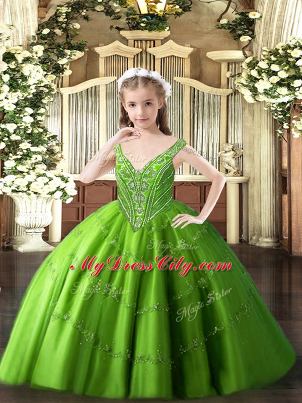 Floor Length Ball Gowns Sleeveless Green Little Girls Pageant Gowns Lace Up