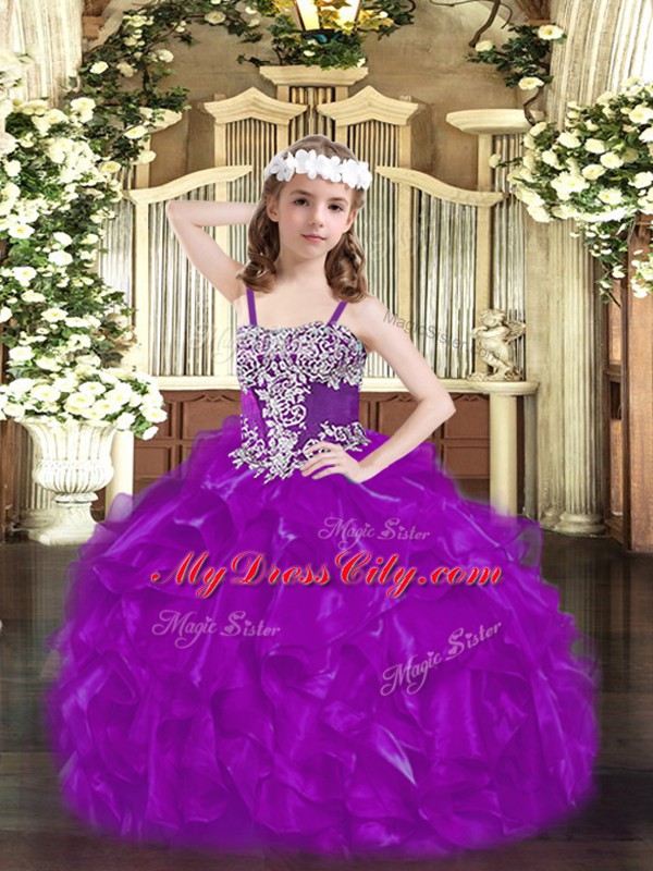 Purple Lace Up Straps Beading and Ruffles Little Girl Pageant Dress Organza Sleeveless