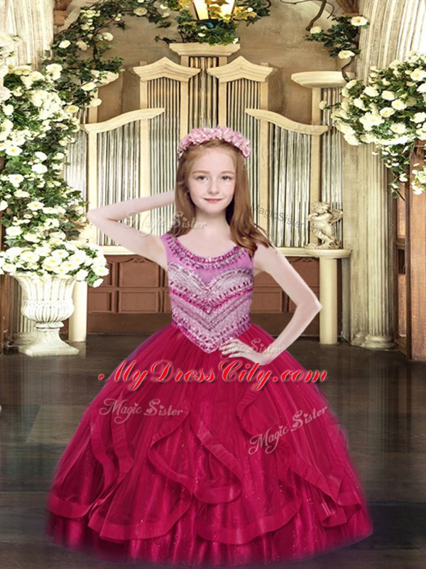 Hot Pink Ball Gowns Tulle Scoop Sleeveless Beading and Ruffles Floor Length Lace Up Glitz Pageant Dress