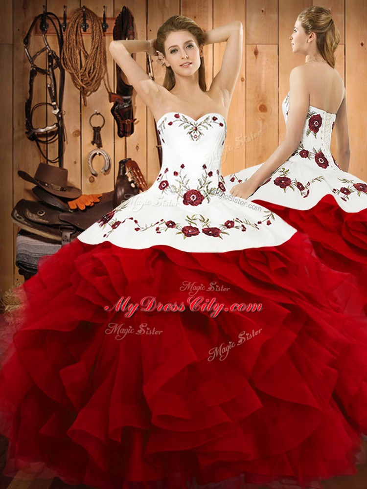 Trendy Embroidery and Ruffles Quinceanera Gowns Wine Red Lace Up Sleeveless Floor Length