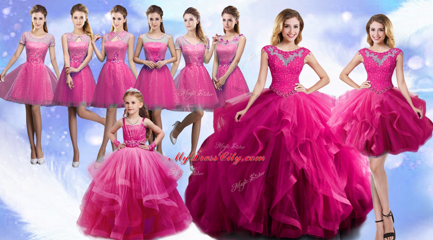 Ideal Fuchsia Sleeveless Floor Length Beading and Ruffles Lace Up Sweet 16 Dress