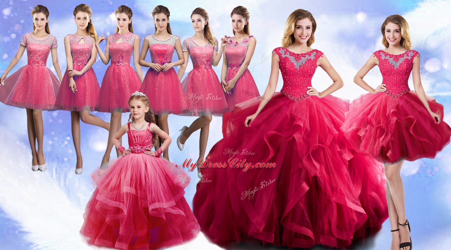 Hot Pink Sleeveless Beading Floor Length Quinceanera Gown