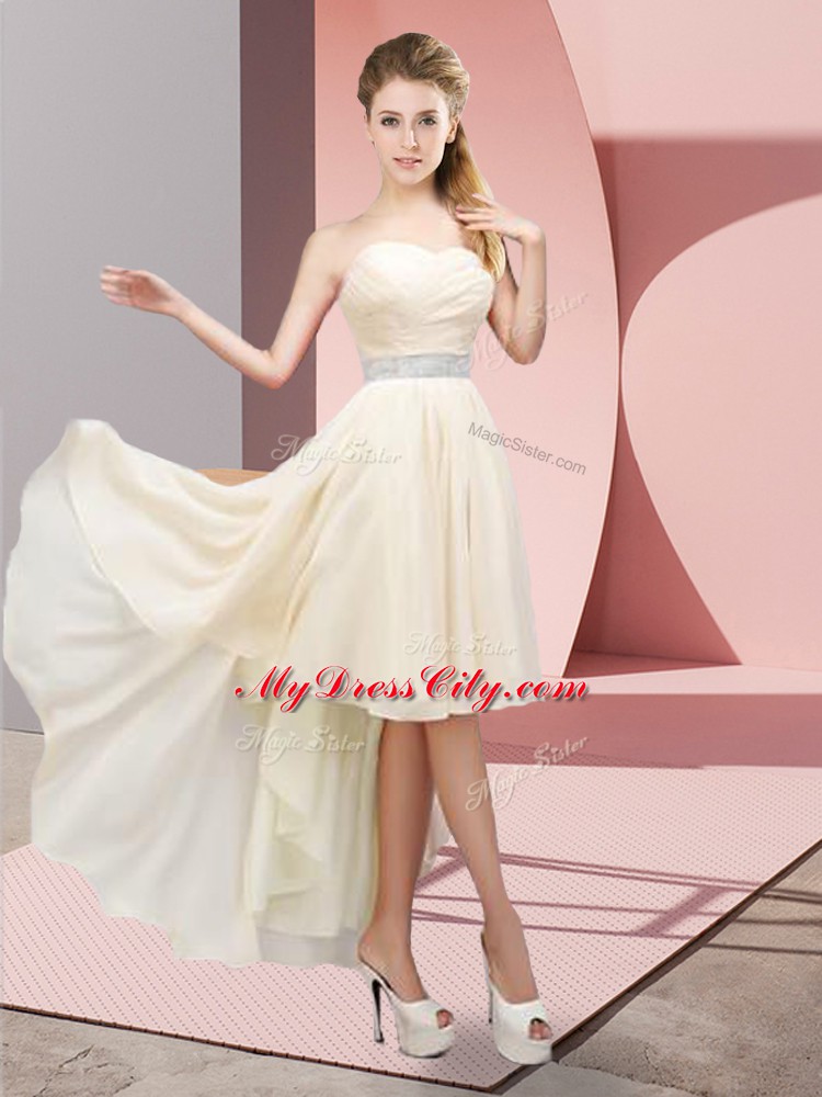 Comfortable Champagne Chiffon Lace Up Wedding Guest Dresses Sleeveless High Low Beading
