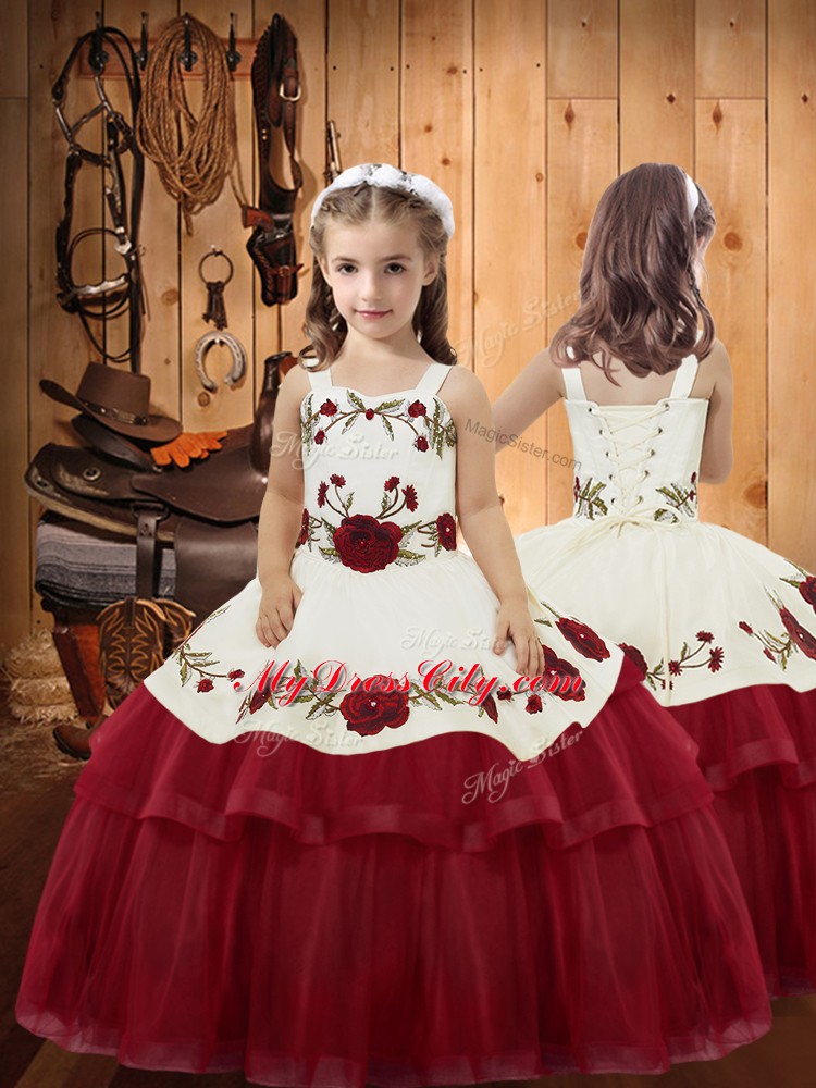 Perfect Floor Length Ball Gowns Sleeveless Wine Red Girls Pageant Dresses Lace Up