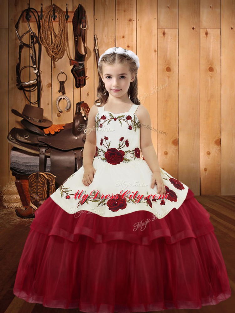 Perfect Floor Length Ball Gowns Sleeveless Wine Red Girls Pageant Dresses Lace Up