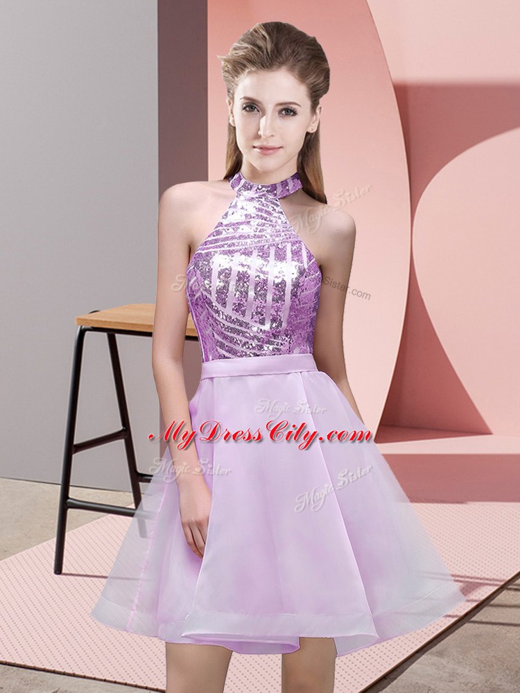 Lilac A-line Chiffon Halter Top Sleeveless Sequins Mini Length Backless Vestidos de Damas