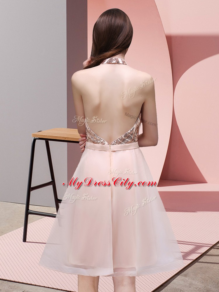 Lilac A-line Chiffon Halter Top Sleeveless Sequins Mini Length Backless Vestidos de Damas