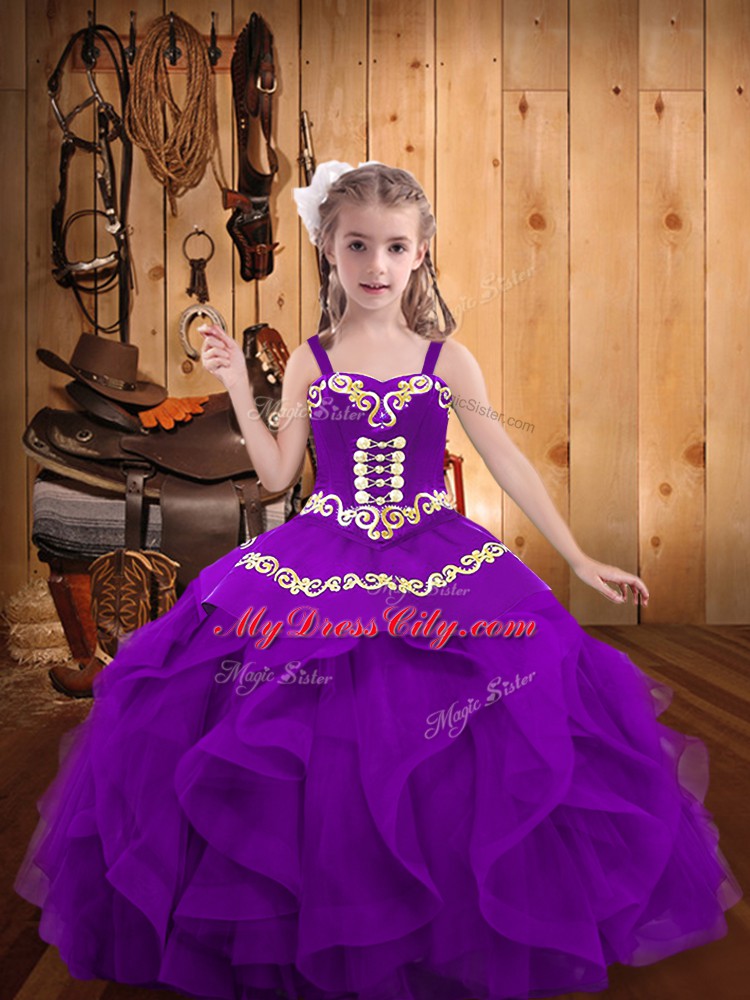 Floor Length Ball Gowns Sleeveless Eggplant Purple Little Girl Pageant Gowns Lace Up