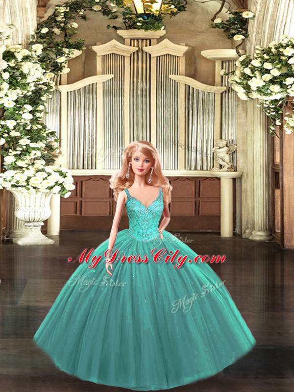 Turquoise Sleeveless Beading Floor Length Quinceanera Gowns