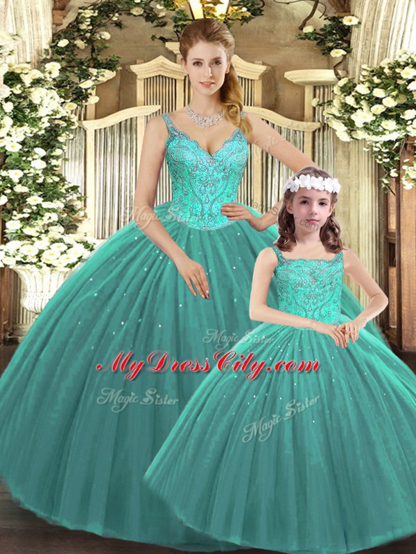 Turquoise Sleeveless Beading Floor Length Quinceanera Gowns