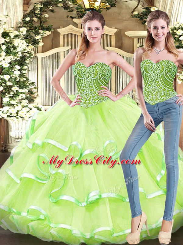 Yellow Green Two Pieces Sweetheart Sleeveless Organza Floor Length Lace Up Beading and Ruffled Layers 15th Birthday Dress
