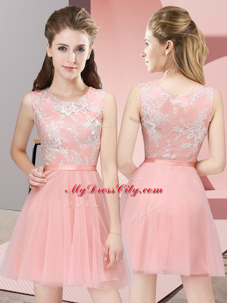 Beautiful Tulle Scoop Sleeveless Side Zipper Lace Wedding Party Dress in Baby Pink