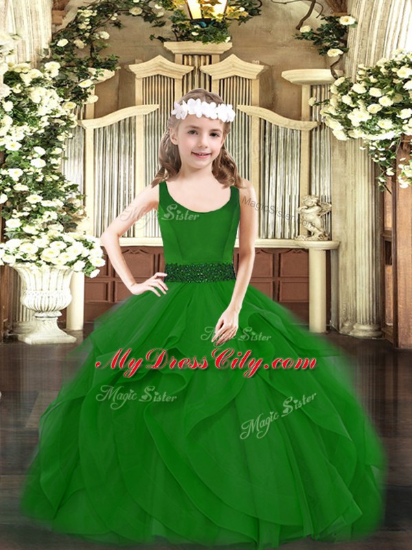 Top Selling Dark Green Ball Gowns Beading and Ruffles Little Girl Pageant Dress Zipper Tulle Sleeveless Floor Length