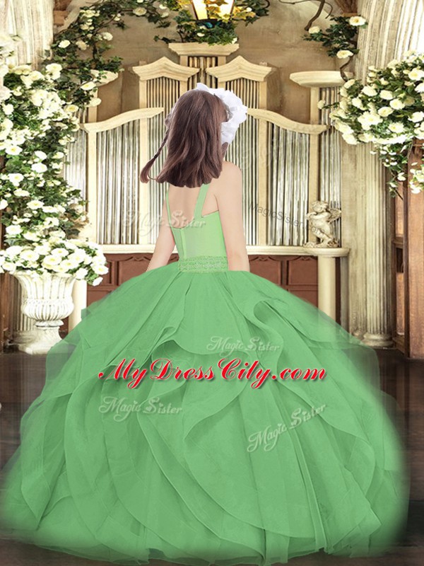 Top Selling Dark Green Ball Gowns Beading and Ruffles Little Girl Pageant Dress Zipper Tulle Sleeveless Floor Length