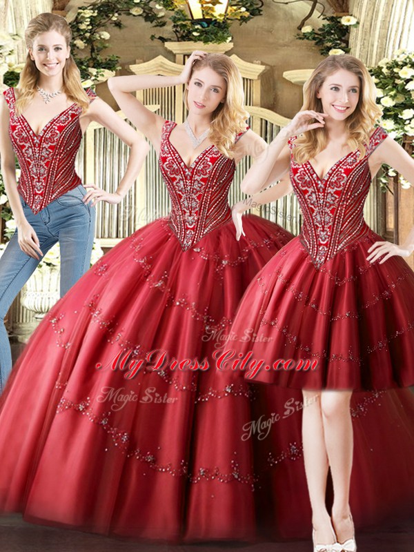 Deluxe V-neck Sleeveless Lace Up 15 Quinceanera Dress Wine Red Tulle