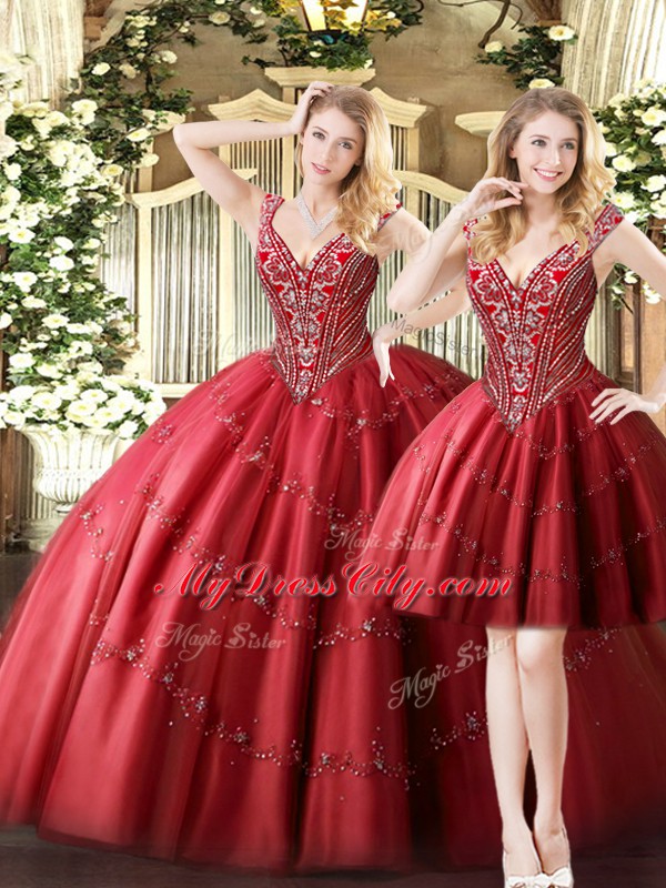 Deluxe V-neck Sleeveless Lace Up 15 Quinceanera Dress Wine Red Tulle