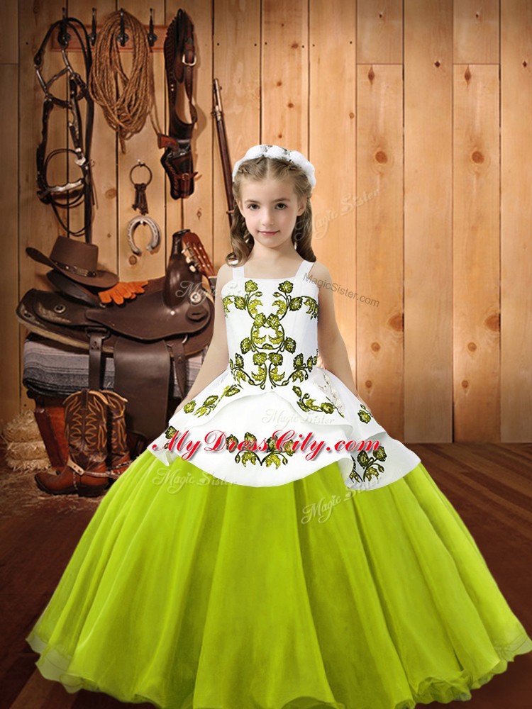 Yellow Green Ball Gowns Organza Straps Sleeveless Embroidery Floor Length Lace Up Pageant Gowns For Girls
