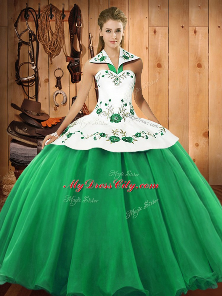 Sleeveless Satin and Tulle Floor Length Lace Up Sweet 16 Dresses in Green with Embroidery