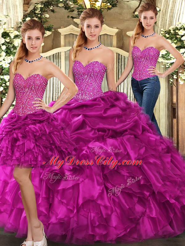 Vintage Floor Length Lace Up Quinceanera Dress Fuchsia for Military Ball and Sweet 16 and Quinceanera with Beading and Ruffles