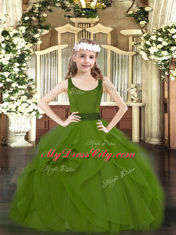 Discount Sleeveless Tulle Floor Length Zipper Little Girls Pageant Dress Wholesale in Olive Green with Beading and Ruffles