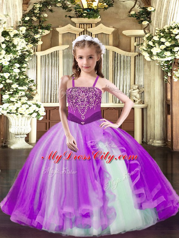 Elegant Lilac Tulle Lace Up Pageant Dress Sleeveless Floor Length Beading
