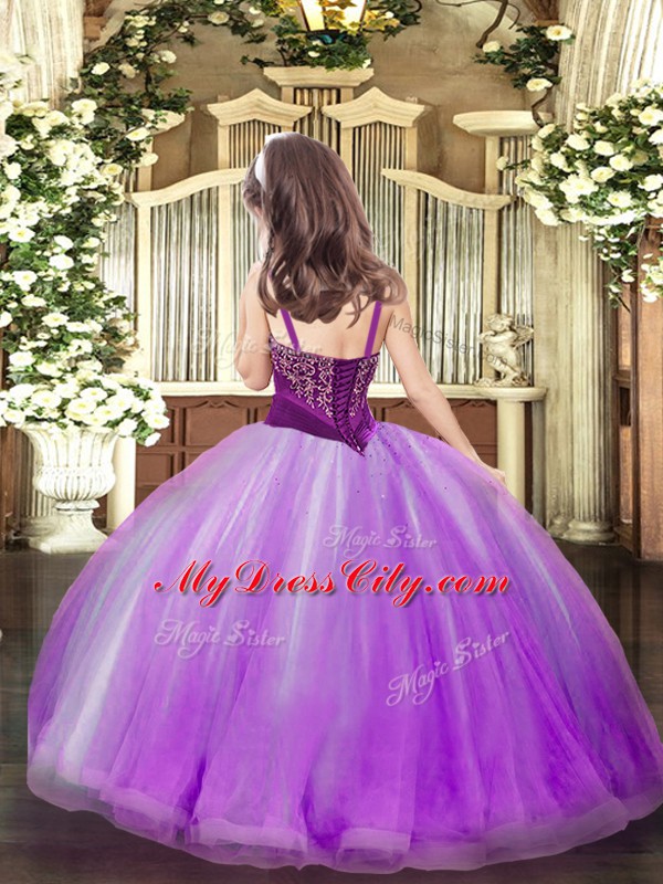 Elegant Lilac Tulle Lace Up Pageant Dress Sleeveless Floor Length Beading