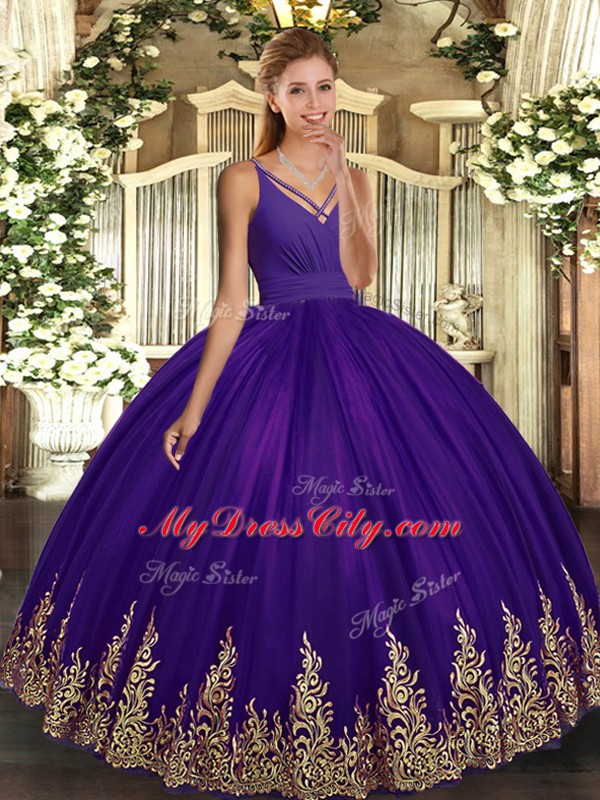 V-neck Sleeveless Vestidos de Quinceanera Floor Length Appliques Purple Tulle