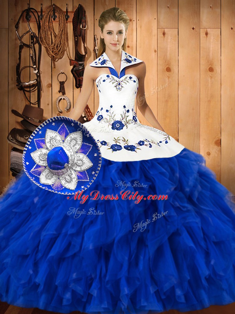Great Floor Length Ball Gowns Sleeveless Blue And White 15th Birthday Dress Lace Up