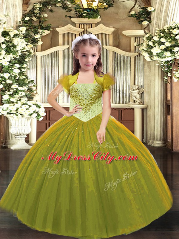 Olive Green Straps Neckline Beading Kids Pageant Dress Sleeveless Lace Up