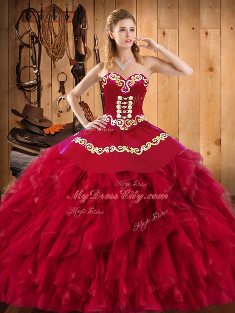 Floor Length Lace Up Quinceanera Dresses Wine Red for Military Ball and Sweet 16 and Quinceanera with Embroidery and Ruffles