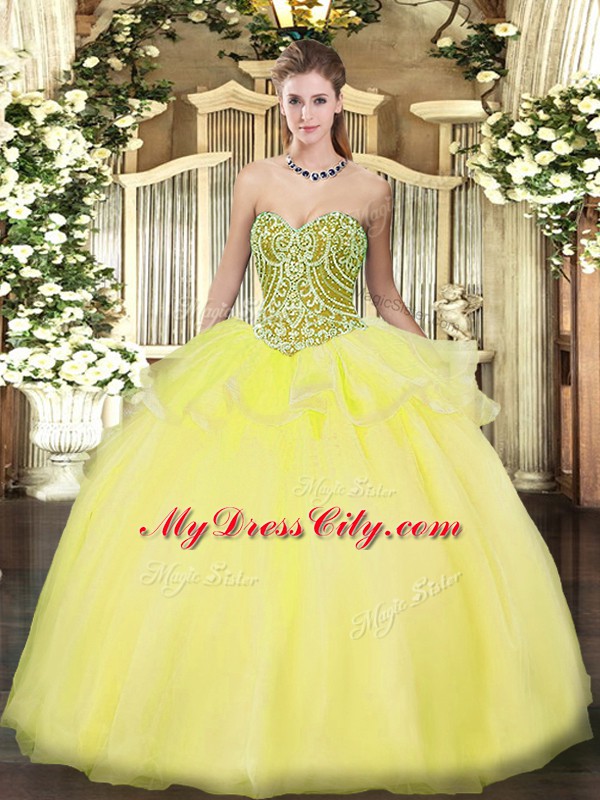 Yellow Sleeveless Floor Length Beading and Ruffles Lace Up Ball Gown Prom Dress