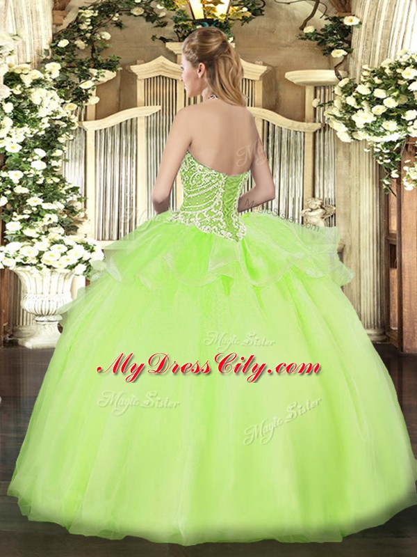 Yellow Sleeveless Floor Length Beading and Ruffles Lace Up Ball Gown Prom Dress